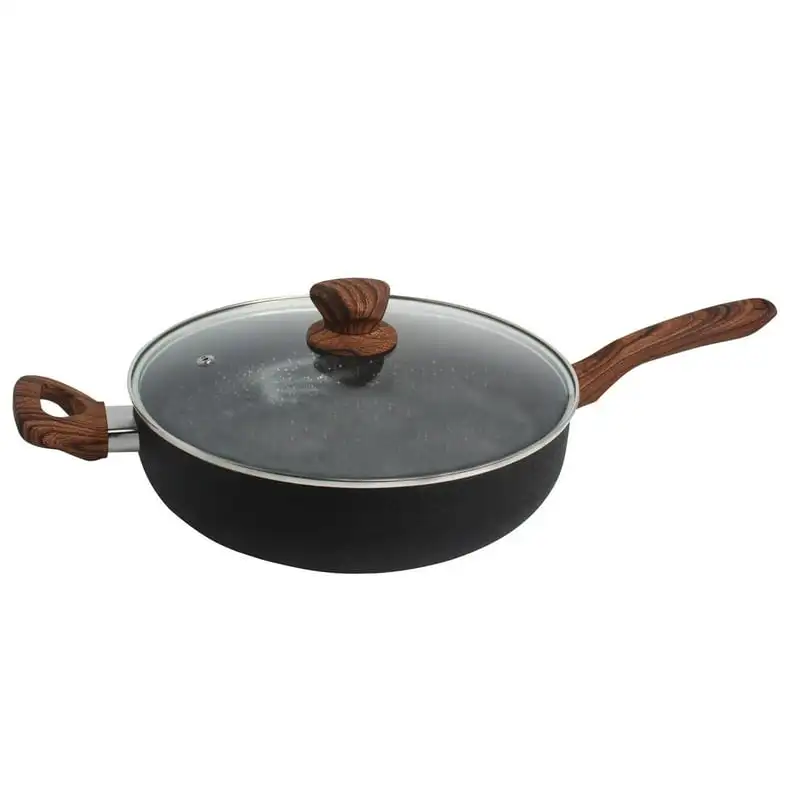 

quart Black Stone Jumbo Cooker Pan with Glass Lid and Woodlook Handles Kitchen accessory Wok carbon steel Cast iron grill pan Ki