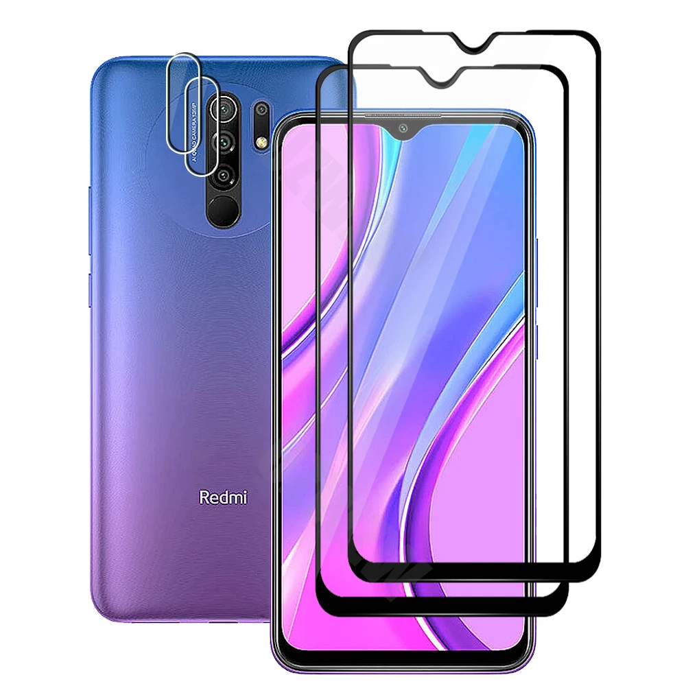 4 в 1 для Xiaomi Redmi 9 (2 шт.) полное покрытие закаленное стекло Защита экрана и Защитная