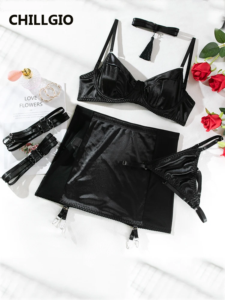 

CHILLGIO Women Satin Bra Brief Suits Fashion Solid Intimate Underwear Tight Erotic Underwire Push Up 4 Pieces Sexy Lingerie Sets