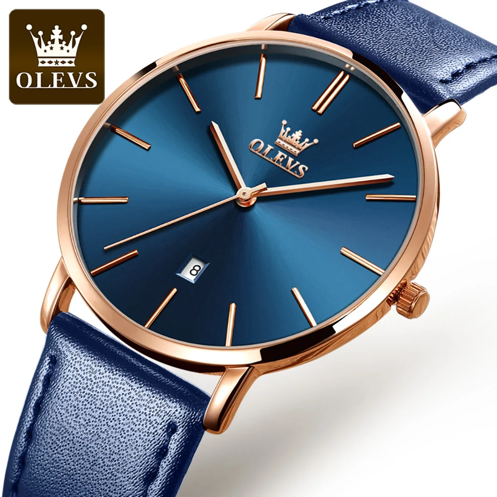 

OLEVS Ultra-thin 6.5MM Japan Qartuz Watches For Men Genuine Leather Strap Swim Watch Simple Design Date Luxury Wristwatch 5869