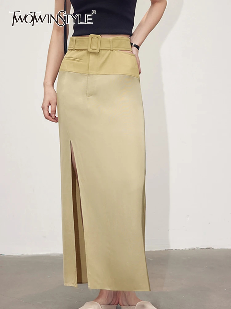 TWOTWINSTYLE Summer Solid Skirts For Women High Waist Tunic Side Split Spliced Belt Bodycon Skirt Female Fashion Style Clothing 
TWOTWINSTYLE Summer Solid Skirts For Women High Waist Tunic Side Split Spliced Belt Bodycon Skirt Female Fashion Style Clothing