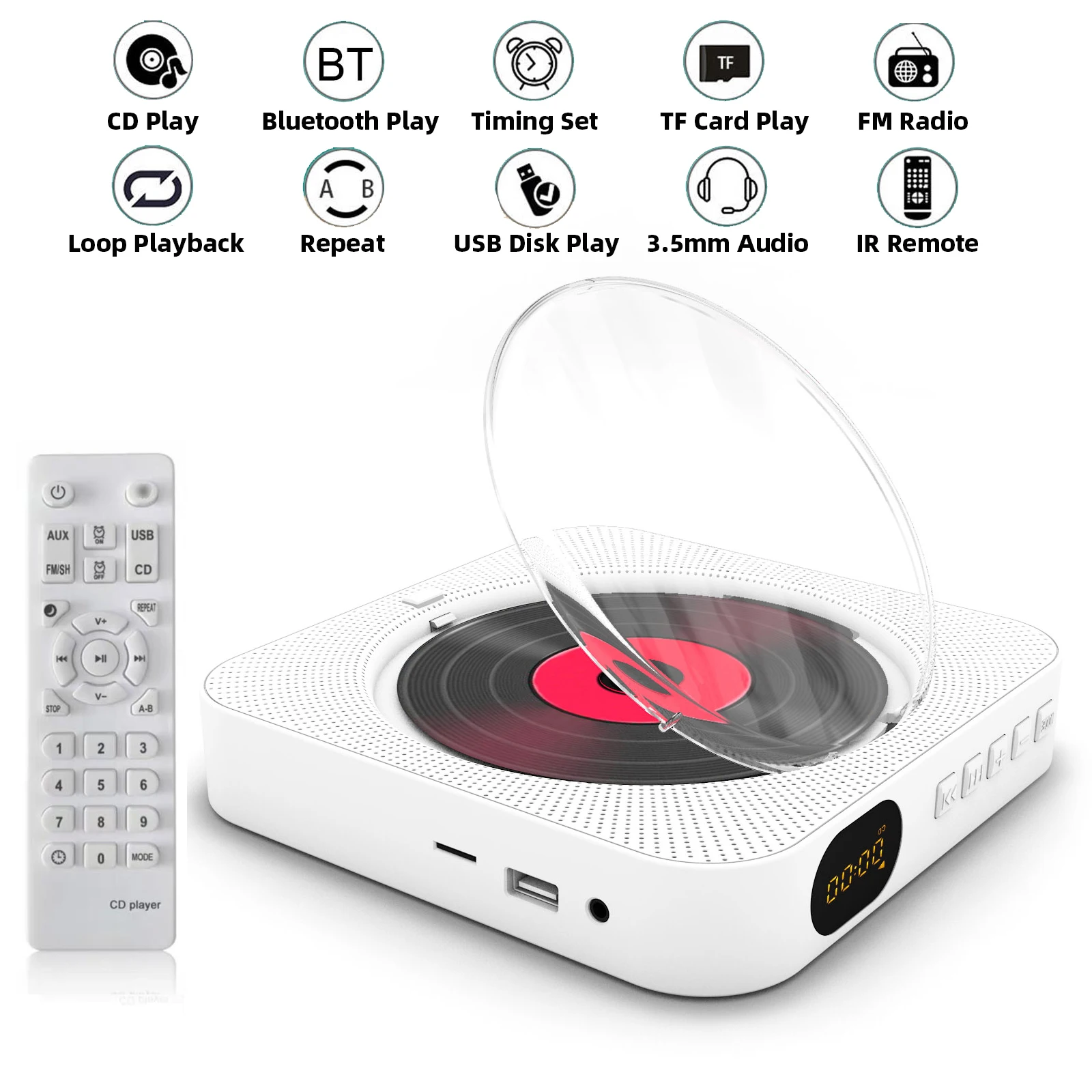 

Portable CD Player Bluetooth Speaker Stereo CD Players LED Screen Wall Mountable CD Music Player with IR Remote Control FM Radio
