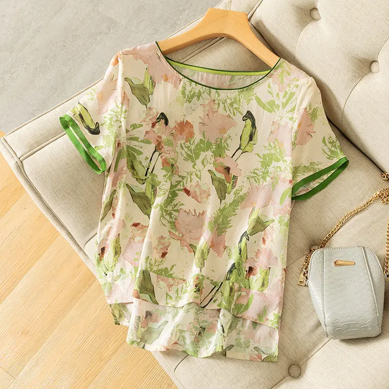 Silk Cotton Top Women's Short Sleeve Clothing Summer Blouse Vintage Flower Print Blouses Office Lady Blouse Shirt blusas mujer 
Silk Cotton Top Women's Short Sleeve Clothing Summer Blouse Vintage Flower Print Blouses Office Lady Blouse Shirt blusas mujer