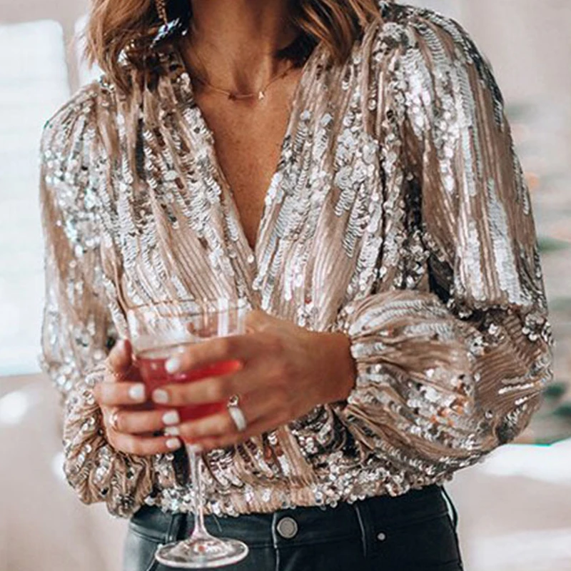 2022 Spring Women Popular Sequins V Neck Blouse Office Lady Elegant Lantern Sleeve Shirt New Autumn Fashion Slim Tops Pullover
2022 Spring Women Popular Sequins V Neck Blouse Office Lady Elegant Lantern Sleeve Shirt New Autumn Fashion Slim Tops Pullover