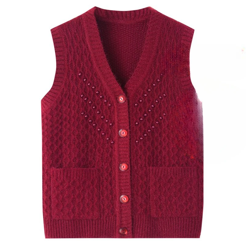 

Middle-Aged Elderly Mother Spring Autumn V-Neck Knitting Tops Waistcoat Female Fashion Grandmother Sleeveless Cardigan Vest C25