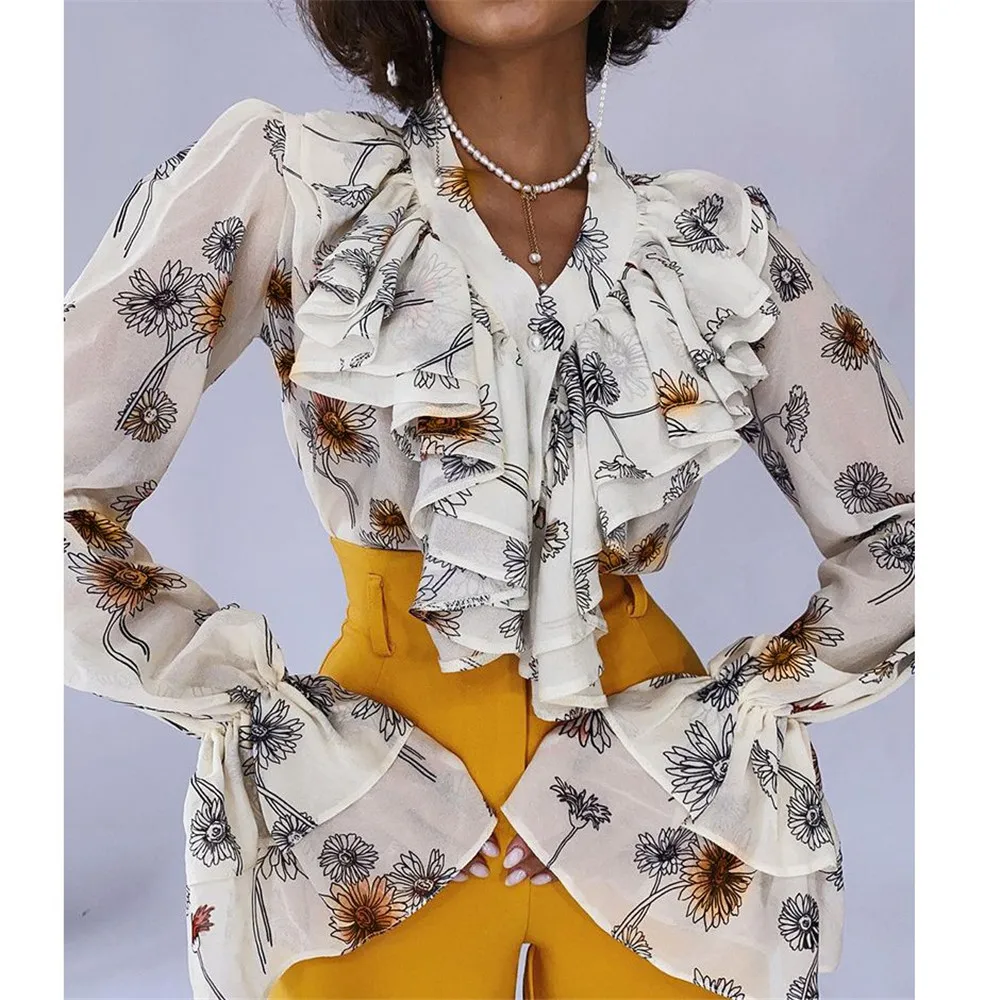 Women's Blouse V Neck Temperament Fashion Floral Print Slim Shirt White Ruffle Top Autumn Spring New Fashion 2022 Ladies Tops
Women's Blouse V Neck Temperament Fashion Floral Print Slim Shirt White Ruffle Top Autumn Spring New Fashion 2022 Ladies Tops