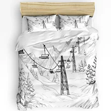 3pcs Bedding Set White Snow Cable Car Ski Mountain Sketch Duvet Cover Pillow Case Boy Kid Teen Girl Bedding Covers Set