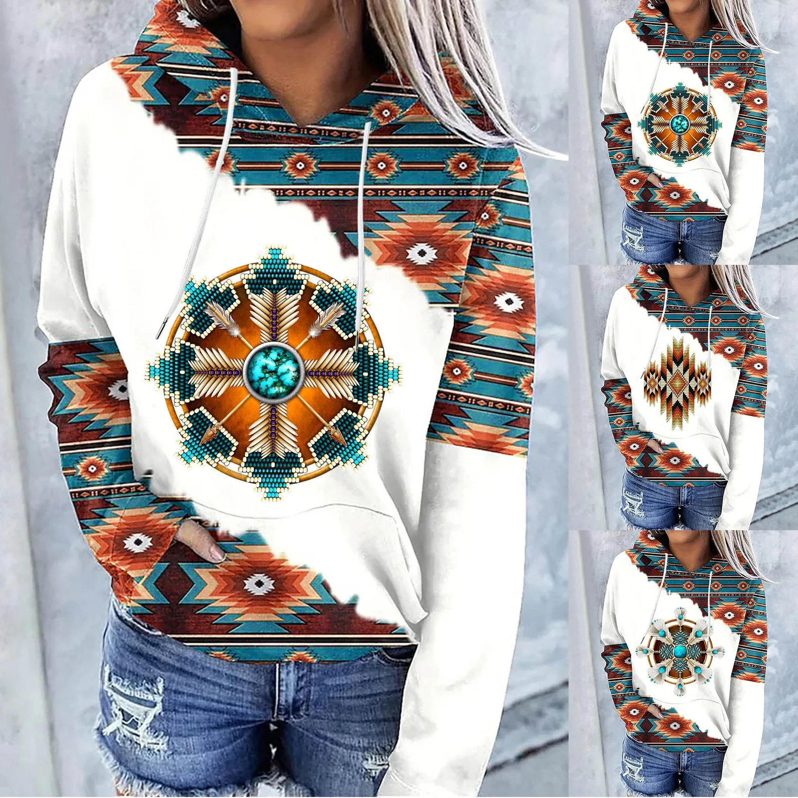 Women Fall And Winter Long Sleeve Tribal Print Drawstring Hooded Sweatshirt Long Sleeve Shirt with Pocket 
Women Fall And Winter Long Sleeve Tribal Print Drawstring Hooded Sweatshirt Long Sleeve Shirt with Pocket