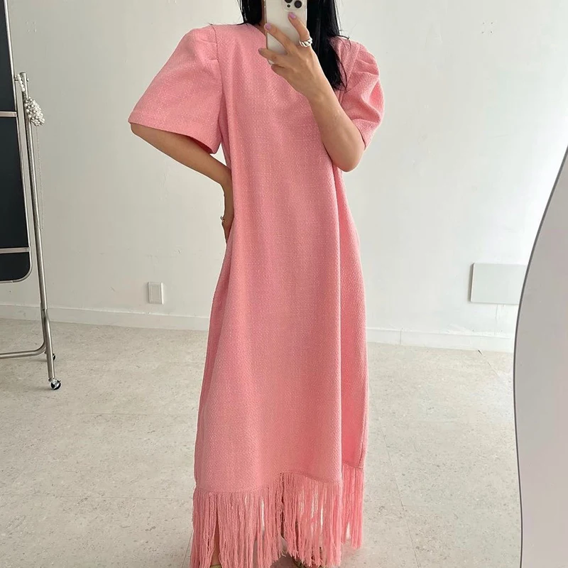 SuperAen Korean Chic Summer Sweet Simple Round Neck Stitching Tassel Raw Edge Design Loose Bubble Sleeve Dress Women
SuperAen Korean Chic Summer Sweet Simple Round Neck Stitching Tassel Raw Edge Design Loose Bubble Sleeve Dress Women