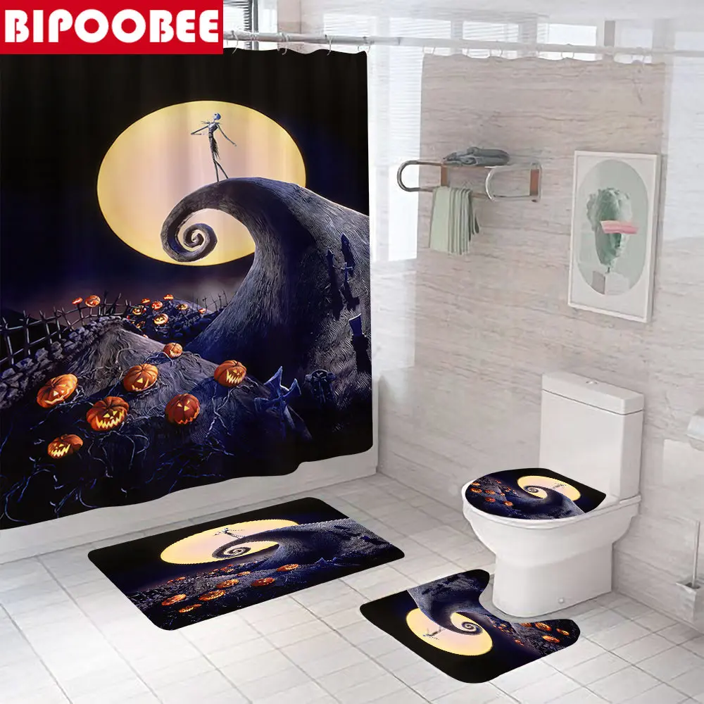 

Happy Halloween Shower Curtain Moonlight Pumpkin Skull Bathroom Curtains Bath Mat Non-slip Rugs Toilet Cover Carpet Home Decor