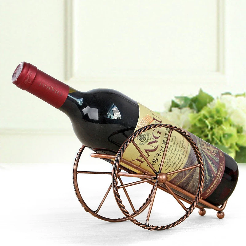 

Retro Metal Red Wine Rack Bronze Iron Wheels Design Wine Holder Home Bar Decor Shelf Display Beer Whisky Wine Bottles Holder