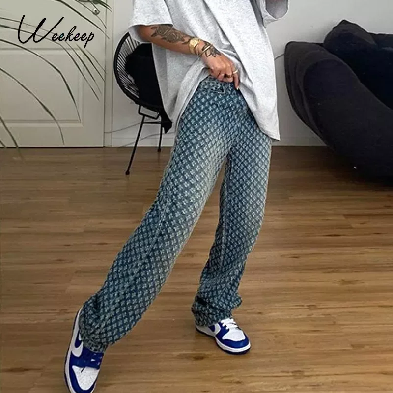 Weekeep Fashion Plaid Hollow Out Streetwear Jeans Women Club High Waist Button Fly Straight Pants Korean Baggy Denim Holes Pants
Weekeep Fashion Plaid Hollow Out Streetwear Jeans Women Club High Waist Button Fly Straight Pants Korean Baggy Denim Holes Pants