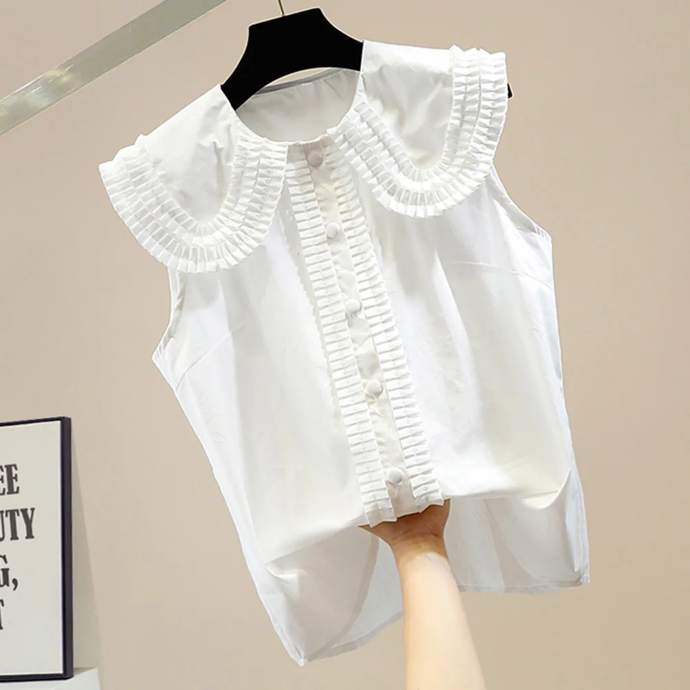 Peter Pan Collar Plain Pleated Standard Women's Blouse White Sleeveless Sweet Lady Loose Casual Shirt Top Trendy 2022 Summer New
Peter Pan Collar Plain Pleated Standard Women's Blouse White Sleeveless Sweet Lady Loose Casual Shirt Top Trendy 2022 Summer New