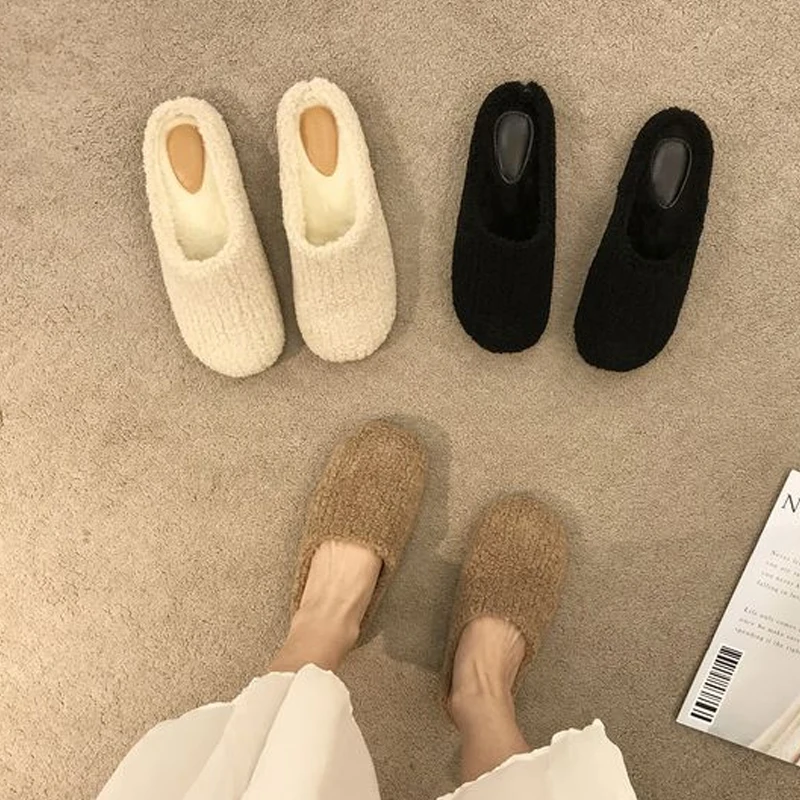 

Lambwool Mules Women Outdoor Plush Slides Ladies Winter Casual Furry Slippers Female Flat Warm Cotton Shoes
