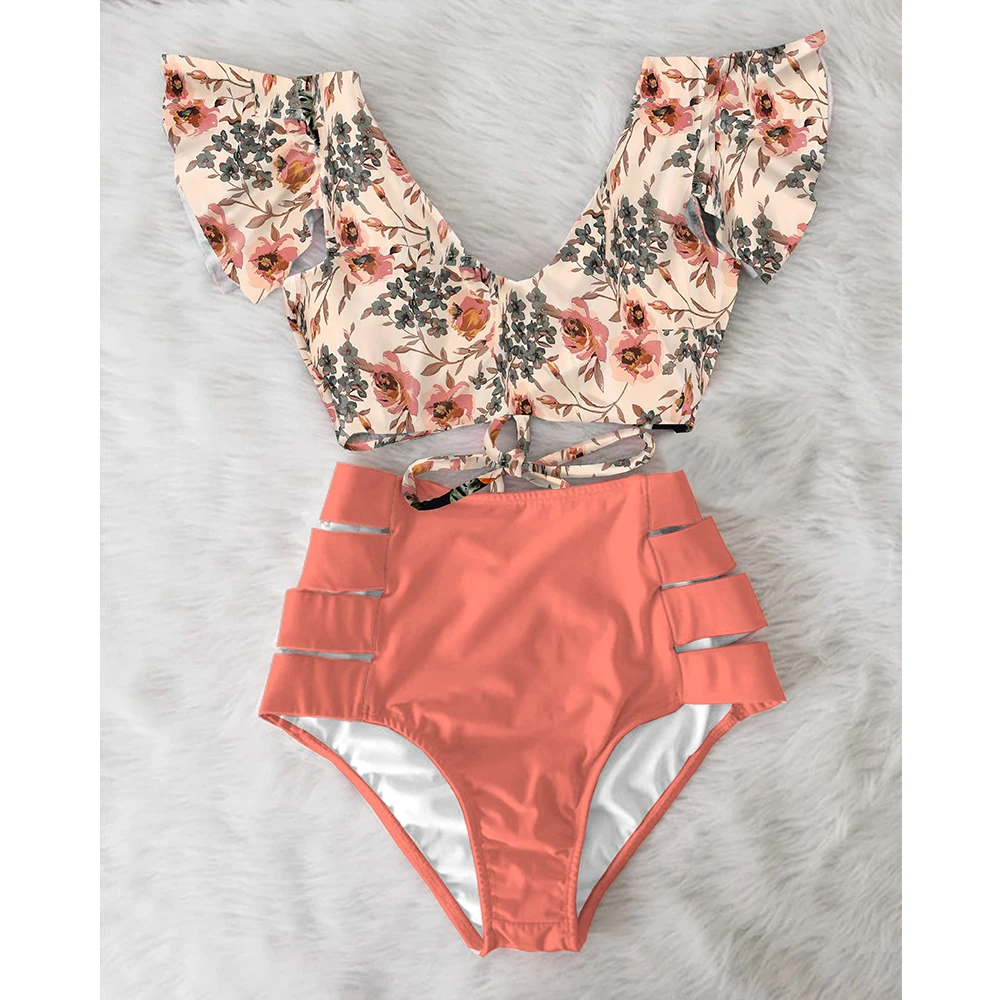 

High Waist Ruffled Sexy Bikini Set 2022 Flounce Biquini Swimwear Women Two Pieces Swimsuit Floral Beachwear V-Neck Bathing Suit