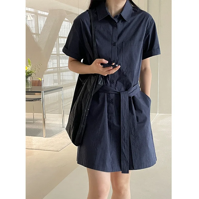 Polo Neck Retro Belt Sashes Women Dress Loose Casual Short Sleeves Y2k Preppy Style Lady Dresses Khaki Color 
Polo Neck Retro Belt Sashes Women Dress Loose Casual Short Sleeves Y2k Preppy Style Lady Dresses Khaki Color