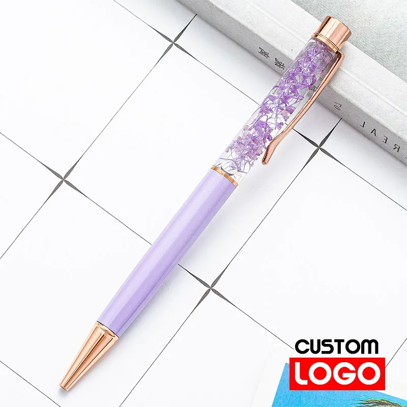 

Креативная ручка с высушенными цветами, металлическая шариковая ручка, индивидуальный логотип на заказ, гравировка имени, подарок на день рождения, ручка для знака в подарок