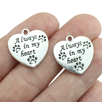 6 Pieces/lot 20*21mm Antique Silver Color Always In My Heart Sweet Love Heart Dog Paw Pendant For Women DIY Jewelry Making　