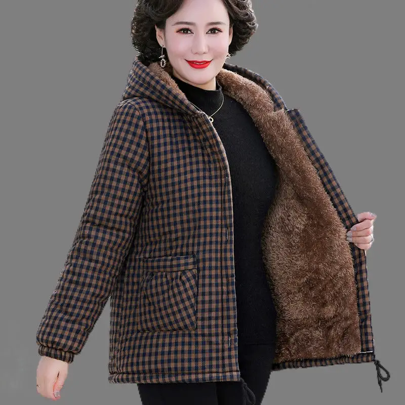 Mother Wear 2022 Autumn Winter Plaid Hooded Jackets Women Plus Velvet Thickening Middle-Aged Parkas Cotton Padded Coats F19 
Mother Wear 2022 Autumn Winter Plaid Hooded Jackets Women Plus Velvet Thickening Middle-Aged Parkas Cotton Padded Coats F19