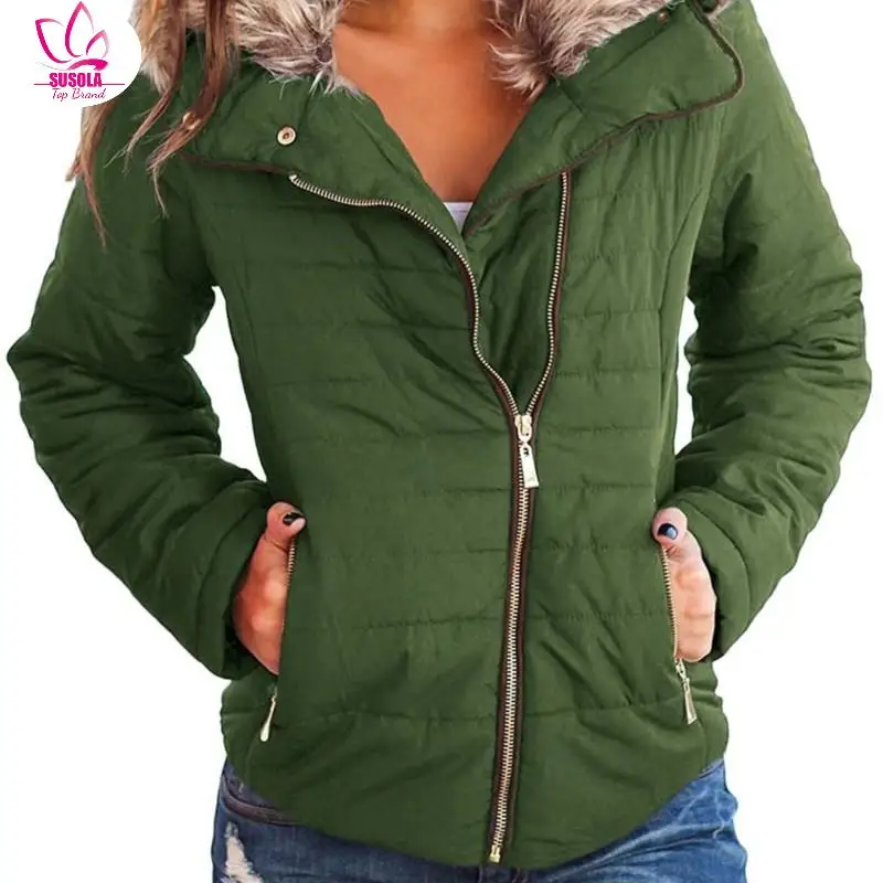 

SUSOLA Women Casual Faux Fur Lapel Zip Pockets Quilted Parka Jacket Puffer Coat