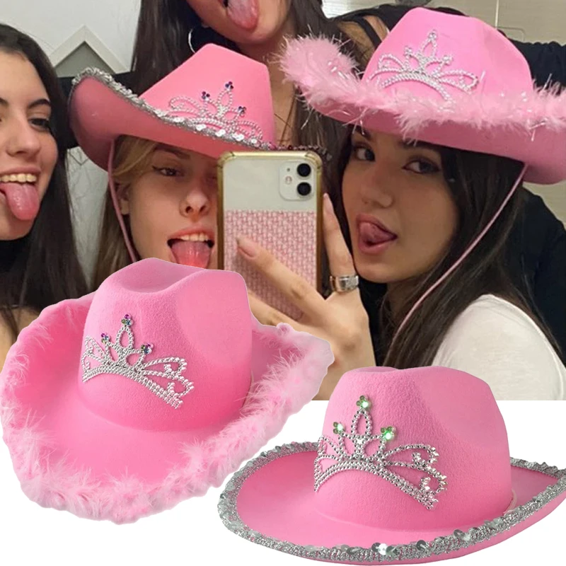 Pink Tiara Western Style Cowgirl Hats For Women Girl Rolled Fedora Caps Feather Edge Beach Cowboy Hat Sequin Western Party Cap &
Pink Tiara Western Style Cowgirl Hats For Women Girl Rolled Fedora Caps Feather Edge Beach Cowboy Hat Sequin Western Party Cap &