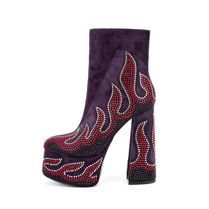 GCYCG Brand Luxury Designer Platform Block High Heels Flock Rhinestone Ankle Boots Purple Black Big Size 40 41 42 43
GCYCG Brand Luxury Designer Platform Block High Heels Flock Rhinestone Ankle Boots Purple Black Big Size 40 41 42 43