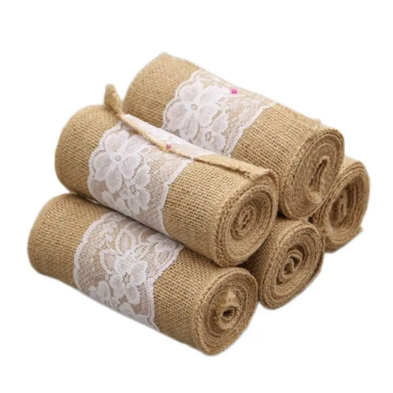 

Jute Burlap Roll With White Lace Vintage Decorative Craft Ribbon Table Sash Decor For Chair Wedding Home