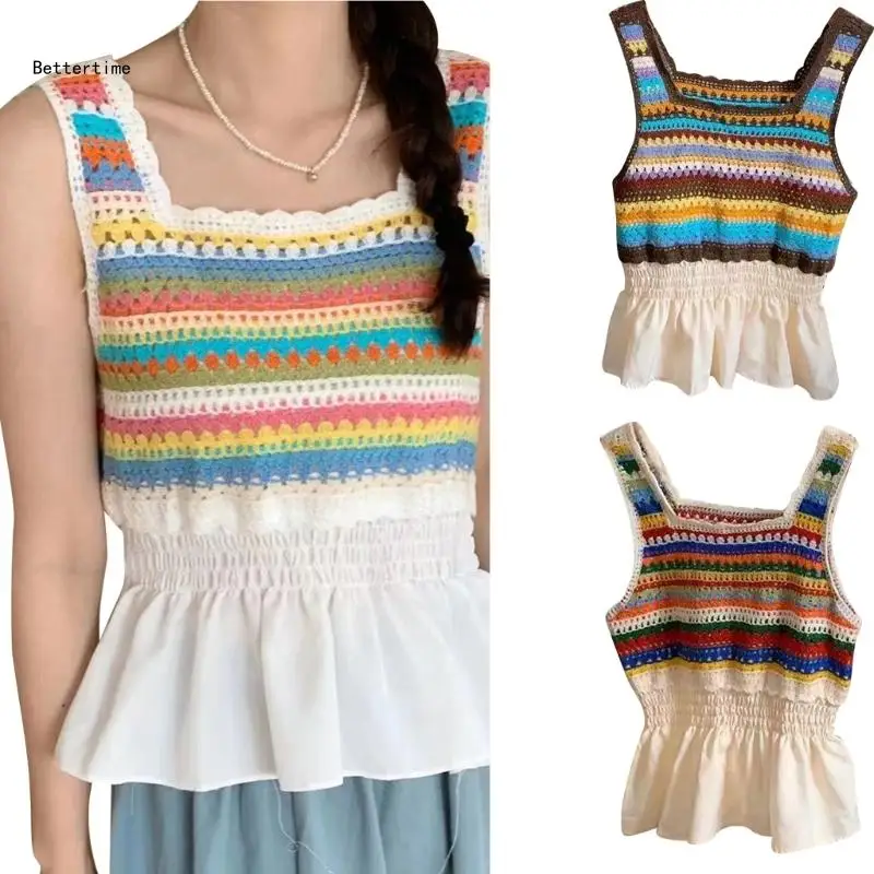 

B36D Women Crochet Sleeveless Vest Summer Tanks Top Colorful Rainbow Striped Crop Top