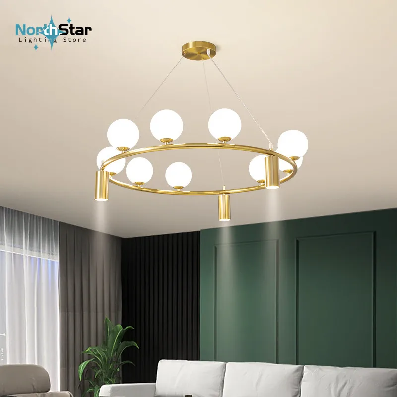 Modern Gold Ring With Spotlight Chandelier Design Glass Lampshade Lighting Decor Home Living Room Pendant Lamp Bedroom Hanging 
Modern Gold Ring With Spotlight Chandelier Design Glass Lampshade Lighting Decor Home Living Room Pendant Lamp Bedroom Hanging