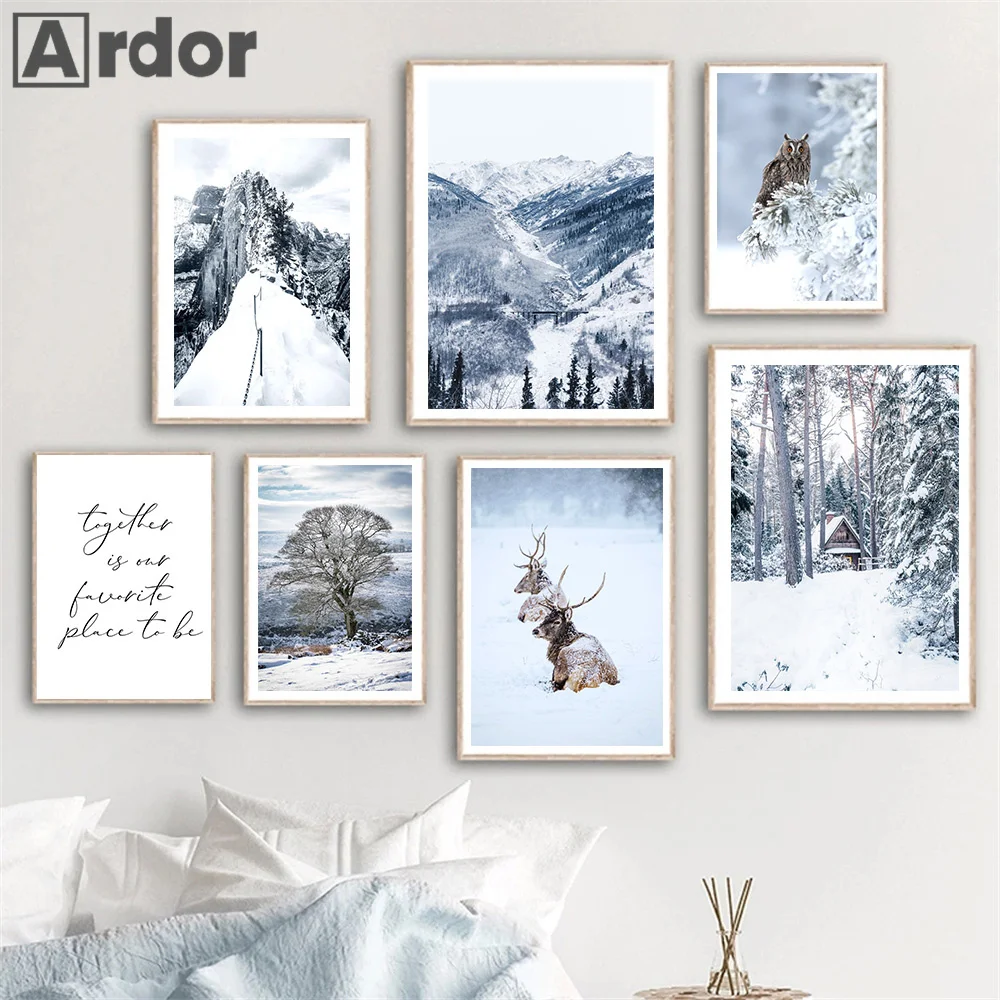 

Forest House Owl Print Deer Mountain Lake Canvas Painting Winter Snow Landscape Poster Nordic Wall Art Picture Living Room Decor