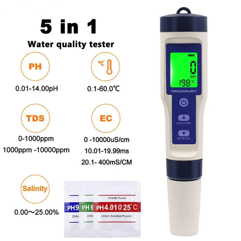 New 5 in 1 TDS/EC/PH/Salinity/Temperature Meter Digital Water Quality Monitor Tester for Pools, Drinking Water, Aquariums
New 5 in 1 TDS/EC/PH/Salinity/Temperature Meter Digital Water Quality Monitor Tester for Pools, Drinking Water, Aquariums