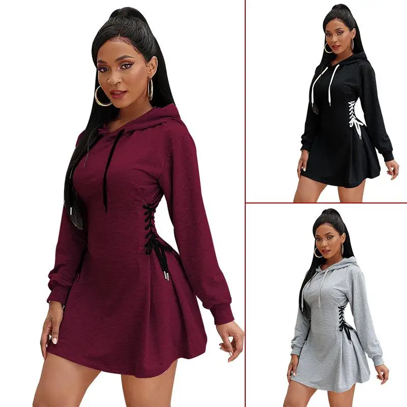 

Long Sleeve Dress Women Gray Classy Slim Popular Stylish All-match Ins Criss-cross Mini Vintage Solid Hooded Empire Spring Daily
