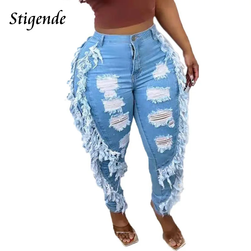 

Stigende Women Tassel Ripped Jeans Sexy Hollow Out Slim Denim Pencil Pants Patchwork Bodycon Hole Shredded Trousers Streetwear