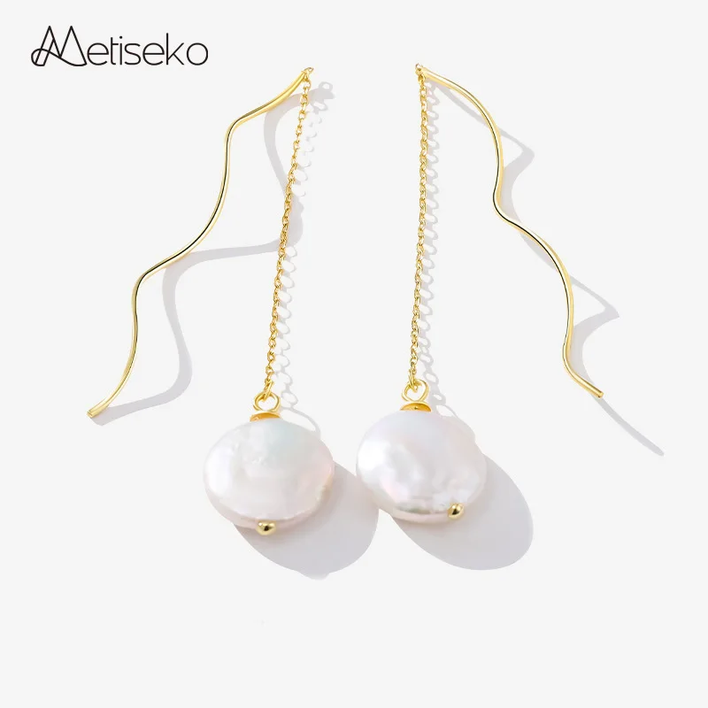 Metiseko 925 Sterling Silver Baroque Pearl Earrings Irregular Flat Button Shape Pearls with Long Wave Needles Earrings for Women
Metiseko 925 Sterling Silver Baroque Pearl Earrings Irregular Flat Button Shape Pearls with Long Wave Needles Earrings for Women