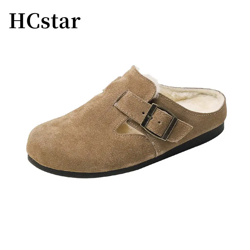 

Genuine Suede Leather Clogs Slippers Women Boston Shearling Furry Mules Slippers Women Flat Shoes Slip on Closed Toe Slides