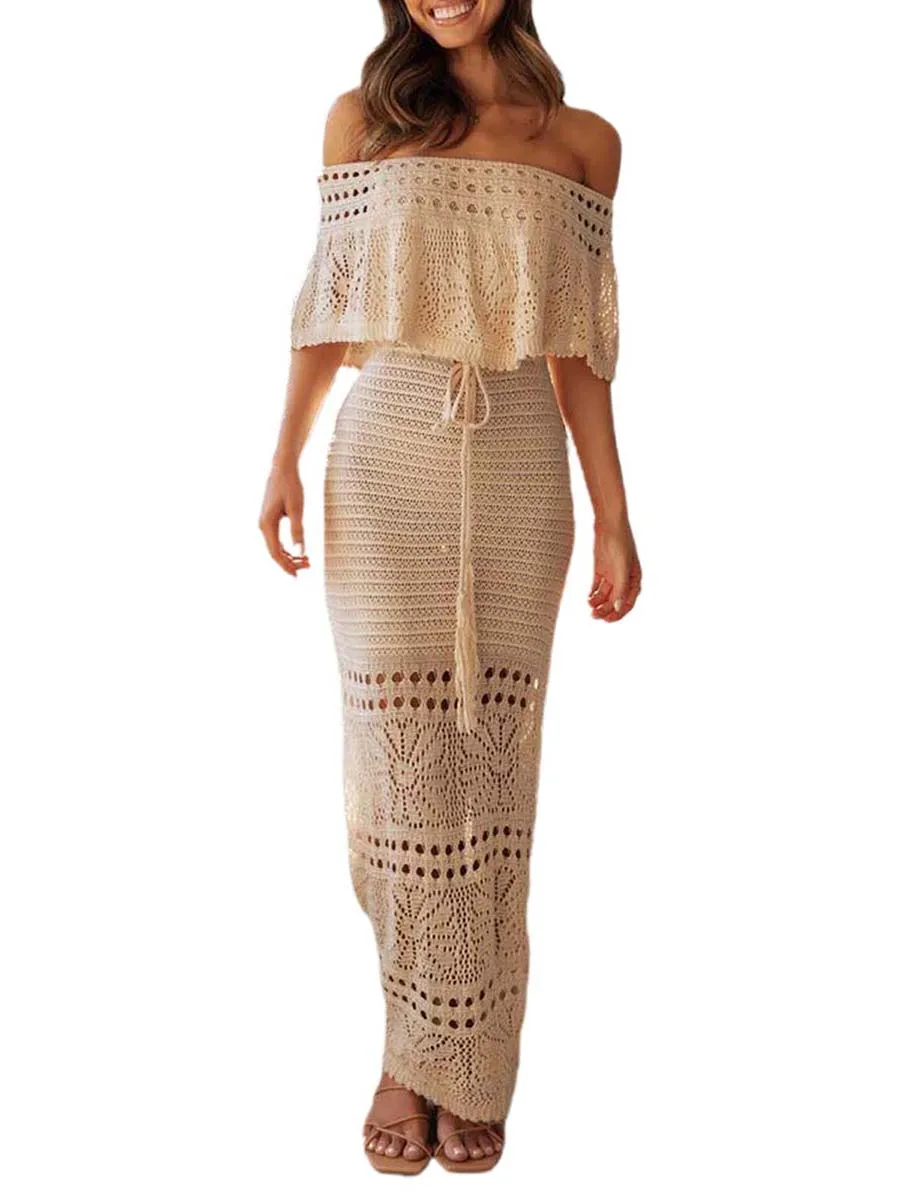 Women's Summer Long Tube Top Dress Short Sleeve Off Shoulder Knit Pattern Hollow Tie Up Dress
Women's Summer Long Tube Top Dress Short Sleeve Off Shoulder Knit Pattern Hollow Tie Up Dress
