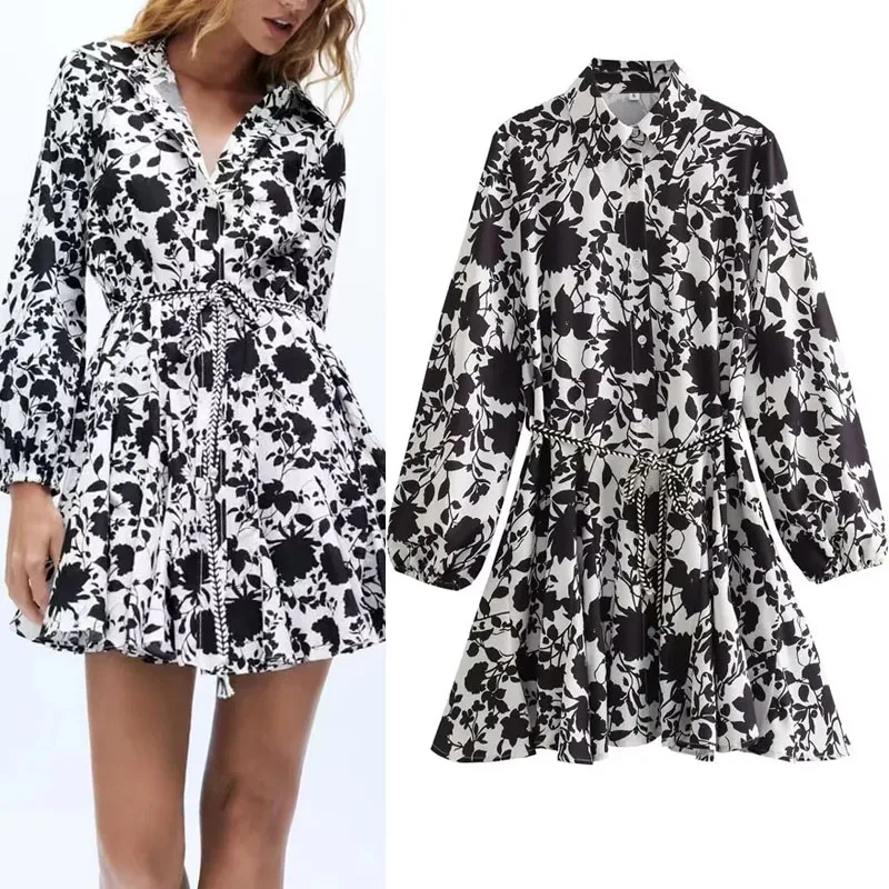 TRAF Floral Print Mini Dress Women Chic Lapel Collar Long Puff Sleeves Short Dresses Front Button Up Waist Lace Up Vestidos Lady
TRAF Floral Print Mini Dress Women Chic Lapel Collar Long Puff Sleeves Short Dresses Front Button Up Waist Lace Up Vestidos Lady