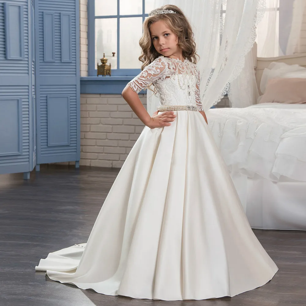 

New Flower Girl Dresses Half Sleeves O-neck Beading Ball Gown Solid Formal First Communion Gowns Custom Made Vestido Longo