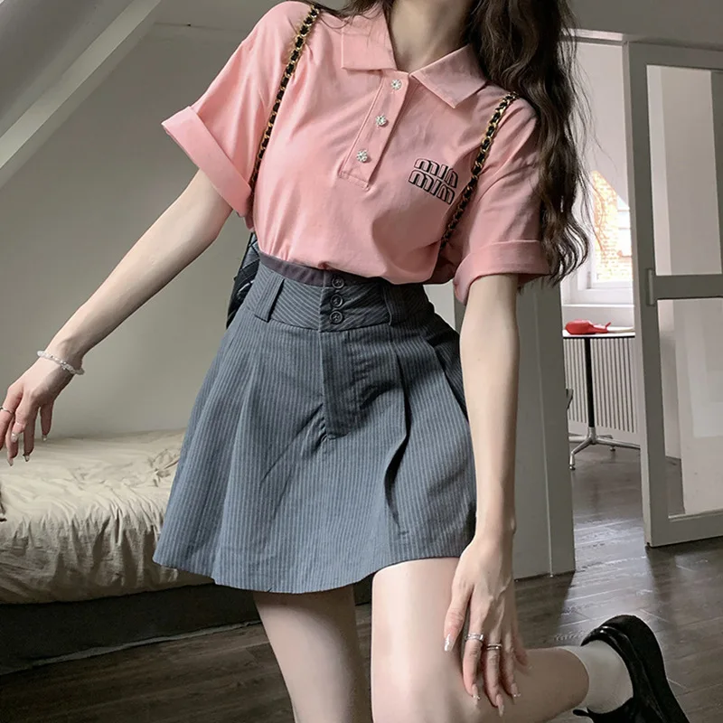 Summer Women's Sweet Casual Two Piece Set Pink Polo Collar Short Sleeve T-Shirt + High Waist Pleated Short Skirt Set 2 Pieces
Summer Women's Sweet Casual Two Piece Set Pink Polo Collar Short Sleeve T-Shirt + High Waist Pleated Short Skirt Set 2 Pieces