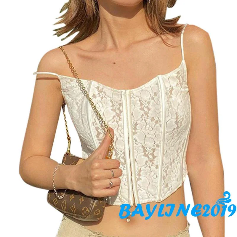 

BAY-Women Sexy Bustier Tops, Spaghetti Strap Floral Lace Central Single-Row Clasp Crop Cami Tops