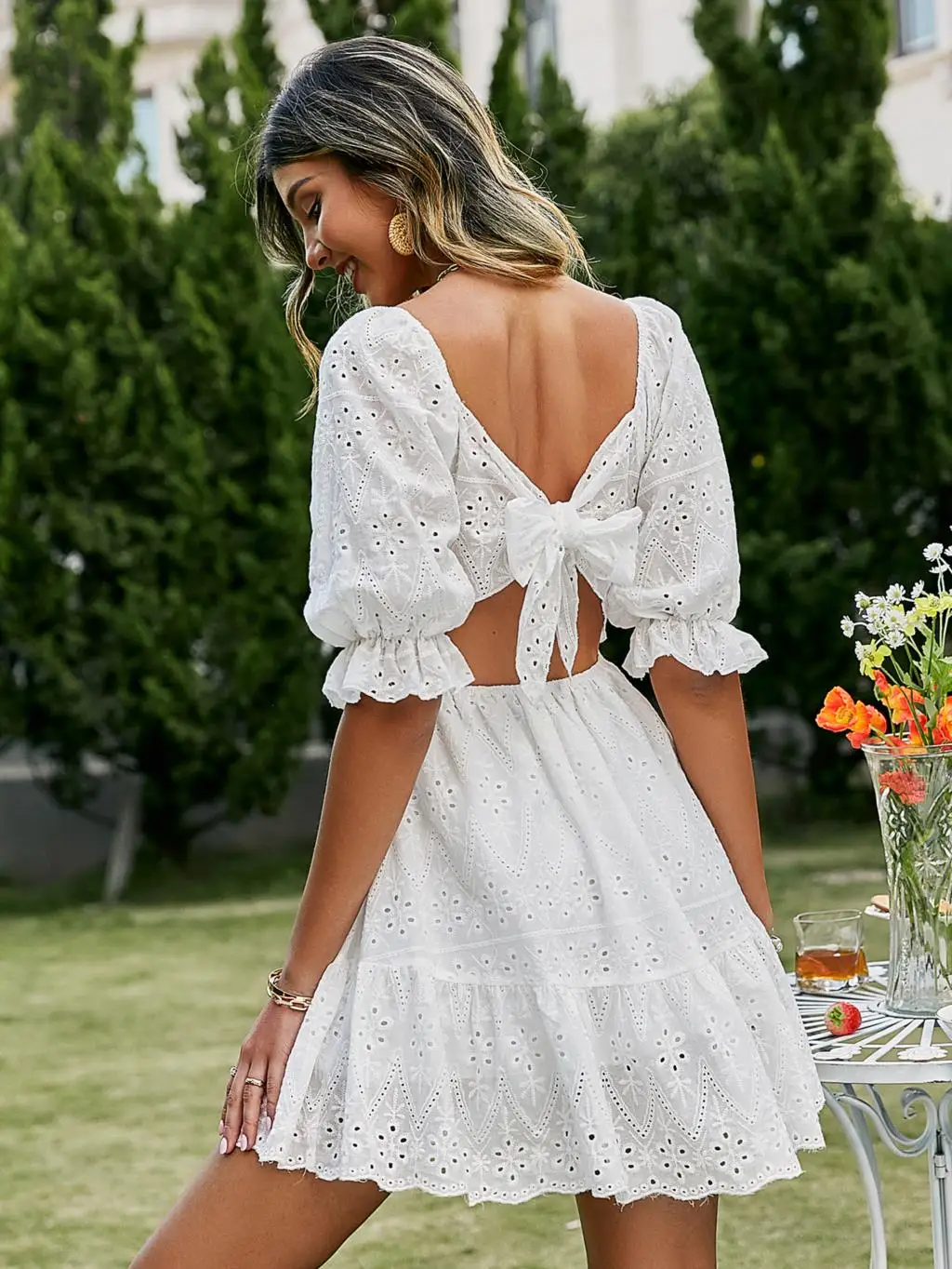 

Simplee Lace up hollow out knot summer white dress women Holiday casual high waist ruffled mini dresses A-line frills vestido