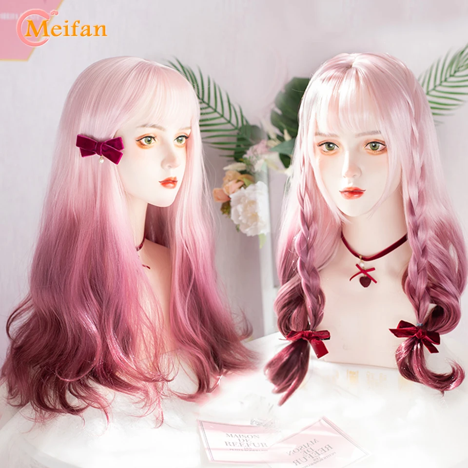 

MEIFAN Synthetic Long Ombre Colorful Cosplay Lolita Cute Wig With Bangs Natural Wavy Halloween Pink Red White Blue Daily Wigs
