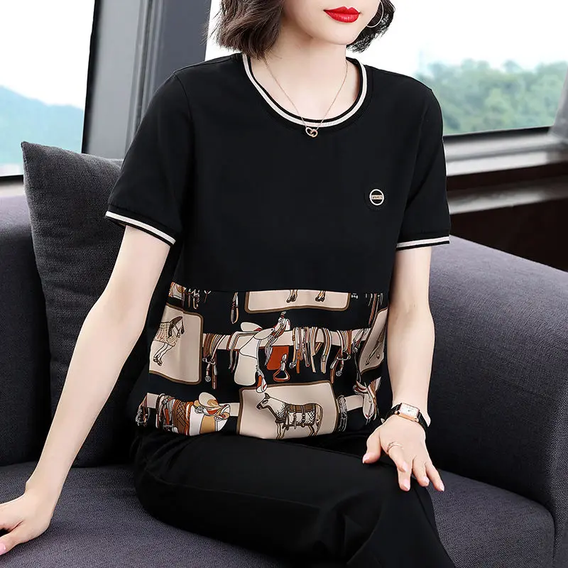 Fashion Female Printed Spliced Casual T-shirt Summer New Women's Clothing Korean Loose Round Neck Short Sleeve Tops Pullovers
Fashion Female Printed Spliced Casual T-shirt Summer New Women's Clothing Korean Loose Round Neck Short Sleeve Tops Pullovers