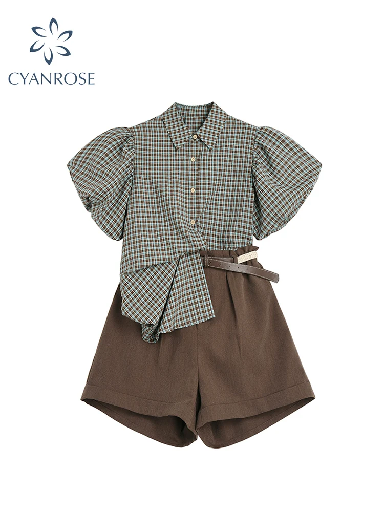 Vintage Women's Suit Plaid Colorblock Lapel Collar Puff Short Sleeve Loose Shirt With Solid Color High Waist Belt Shorts Female
Vintage Women's Suit Plaid Colorblock Lapel Collar Puff Short Sleeve Loose Shirt With Solid Color High Waist Belt Shorts Female