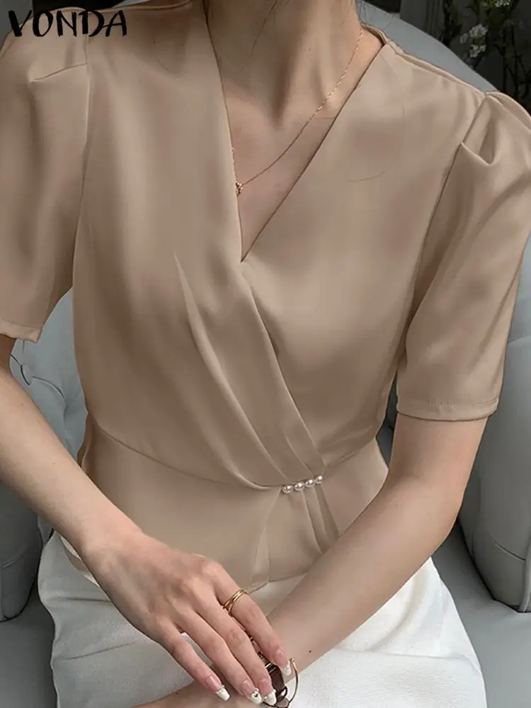 VONDA Summer Elegant Blouse 2023 Casual Women V Neck OL Style Shirts Solid Color Satin Silk Tunic Tops Pleated Fashion Blusas
VONDA Summer Elegant Blouse 2023 Casual Women V Neck OL Style Shirts Solid Color Satin Silk Tunic Tops Pleated Fashion Blusas