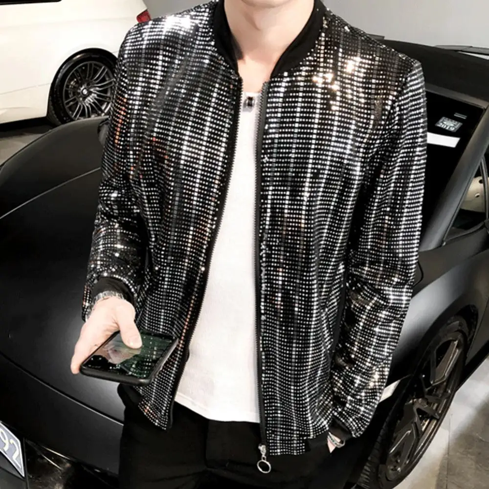 Jacket Men Pocket Slim Long Sleeve Coat Shiny Sequins Zip Nightclub Singer Fit Coat
Jacket Men Pocket Slim Long Sleeve Coat Shiny Sequins Zip Nightclub Singer Fit Coat
