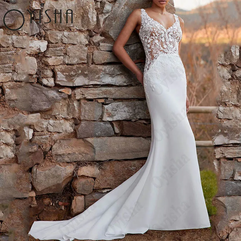Oyisha V-Neck Appliques Satin Wedding Dress For Women Spaghetti Strap Sleeveless Bride Gowns Open Back Vestido Novia Custom Made 
Oyisha V-Neck Appliques Satin Wedding Dress For Women Spaghetti Strap Sleeveless Bride Gowns Open Back Vestido Novia Custom Made
