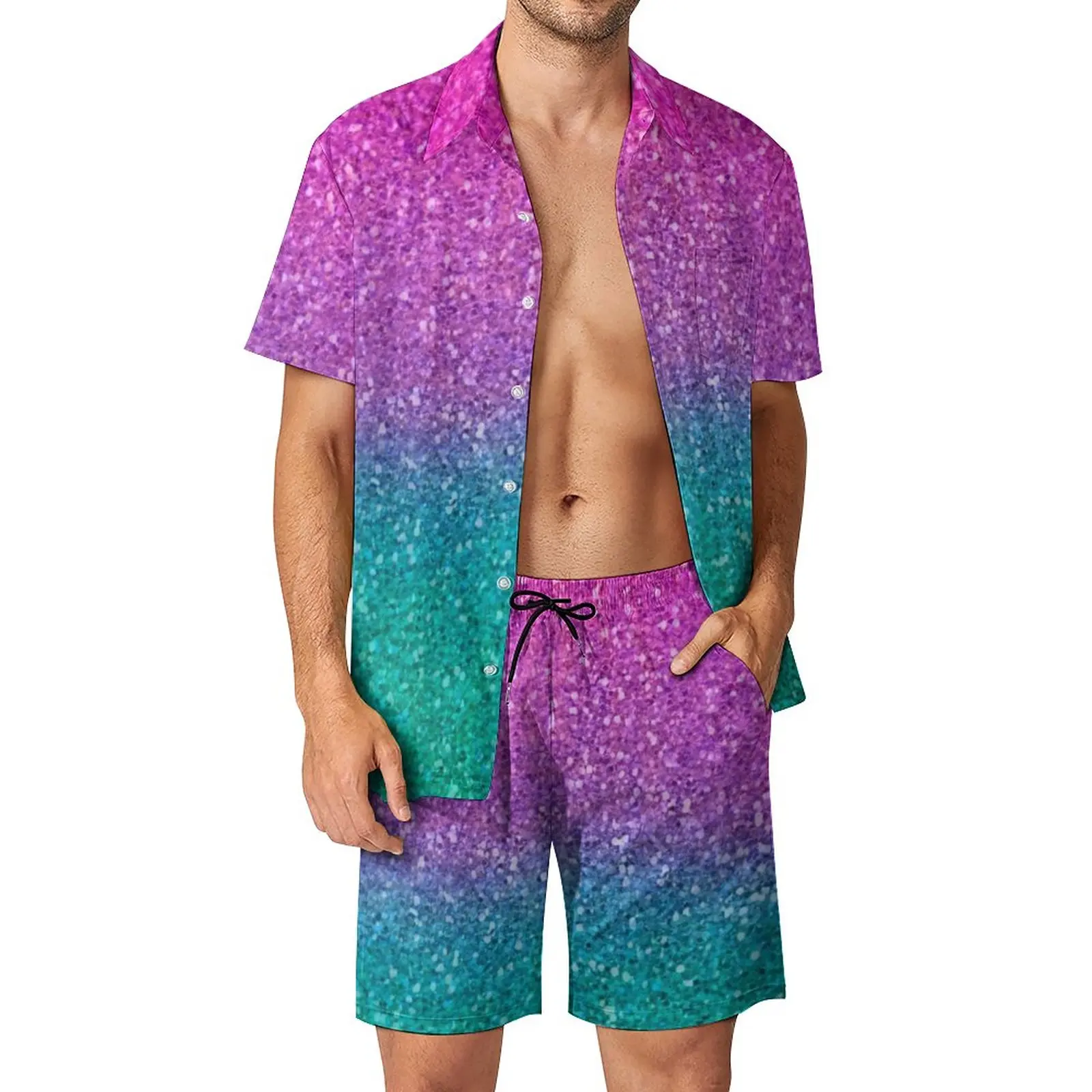 

Blue Purple Sparkle Men Sets Pink Teal Aqua Glitter Casual Shorts Beach Shirt Summer Streetwear Graphic Suit Oversize Clothes