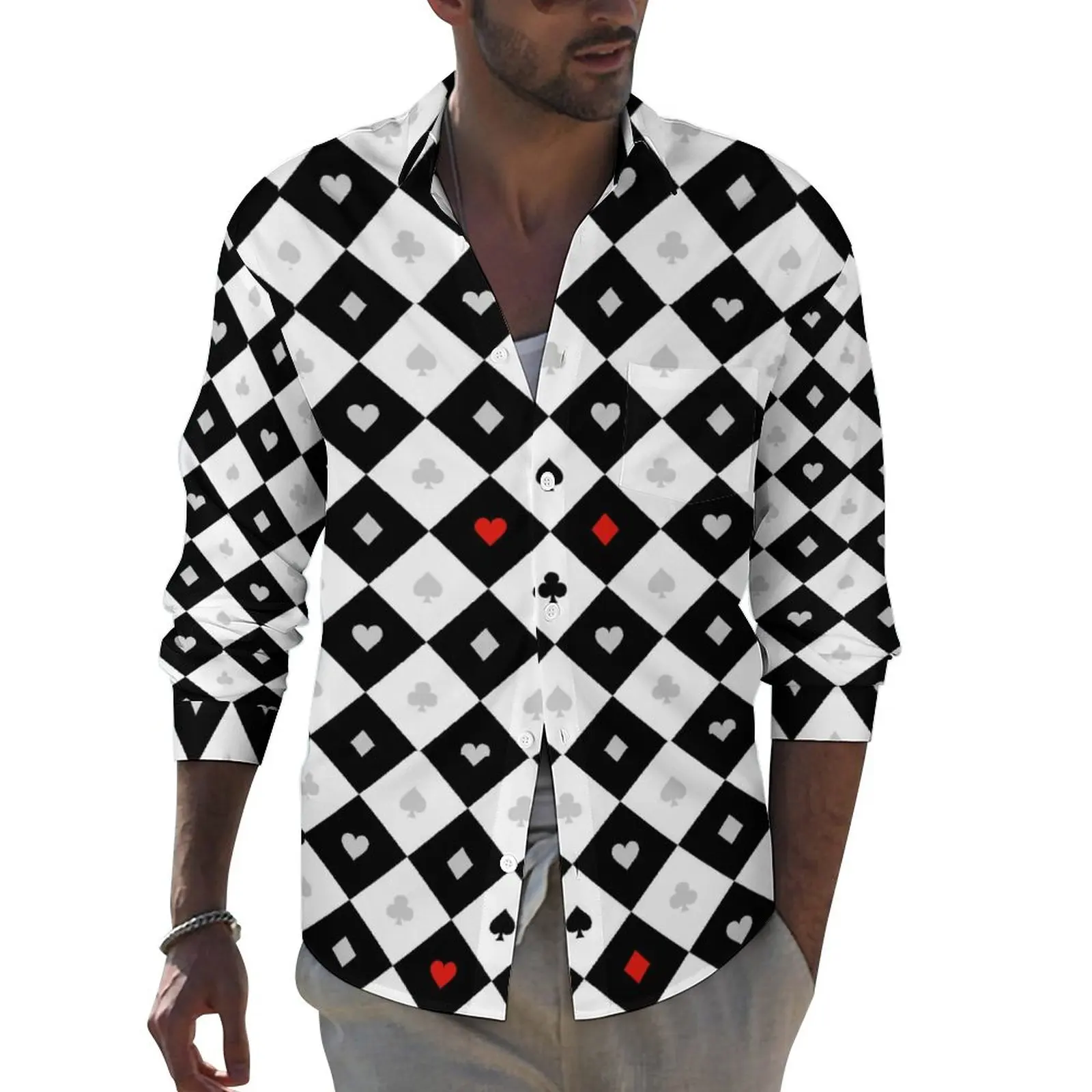 

Повседневные рубашки с принтом сердца и карт, мужская рубашка с длинным рукавом для игры в покер, модные блузки в уличном стиле, весенние Графические Топы