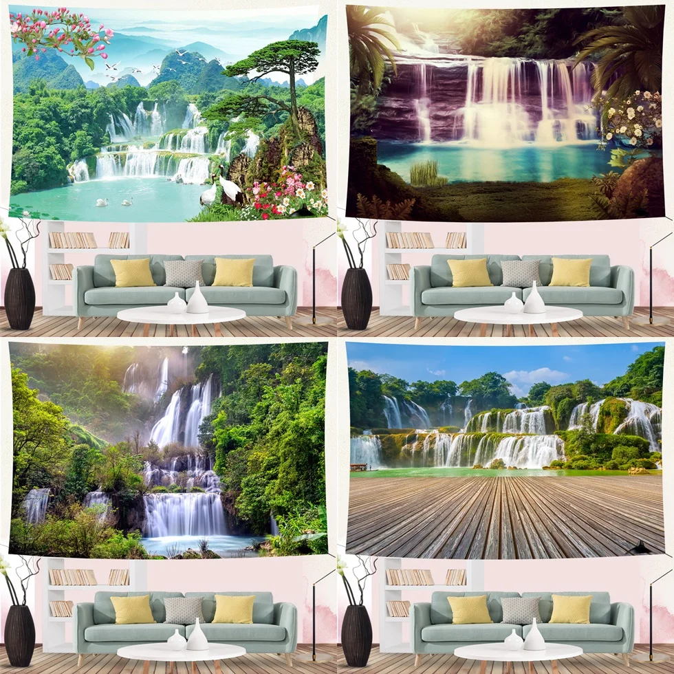 

Nature Landscape Tapestry High Mountain Waterfall Crane Lake Flower Forest Wall Hanging for Home Living Room Decor Sheet Blanket